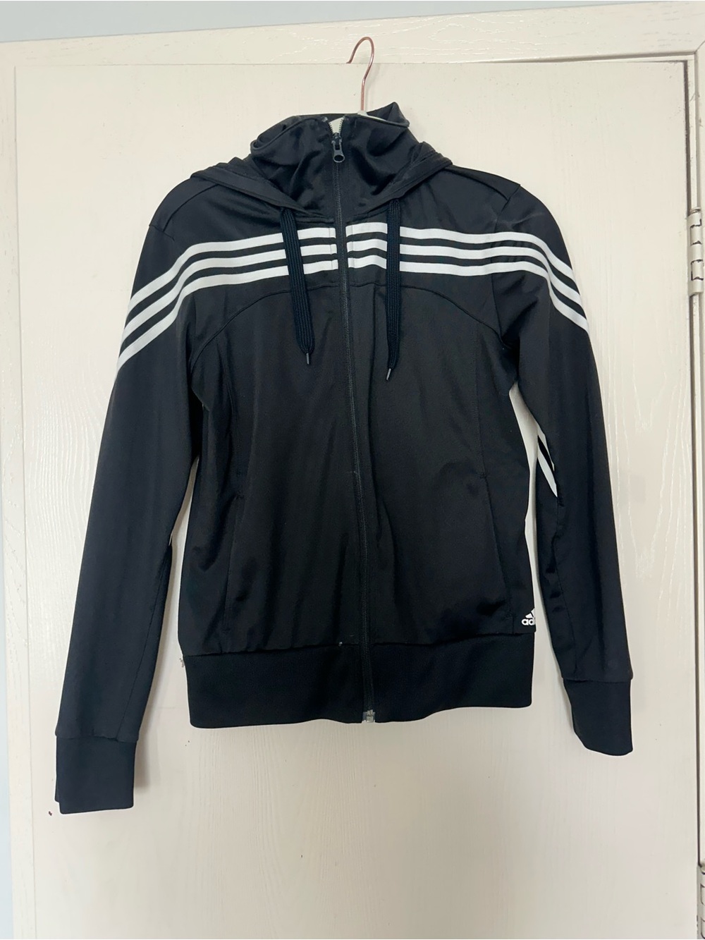 adidas Black Hoodie Track Jacket with White Stripe Accents